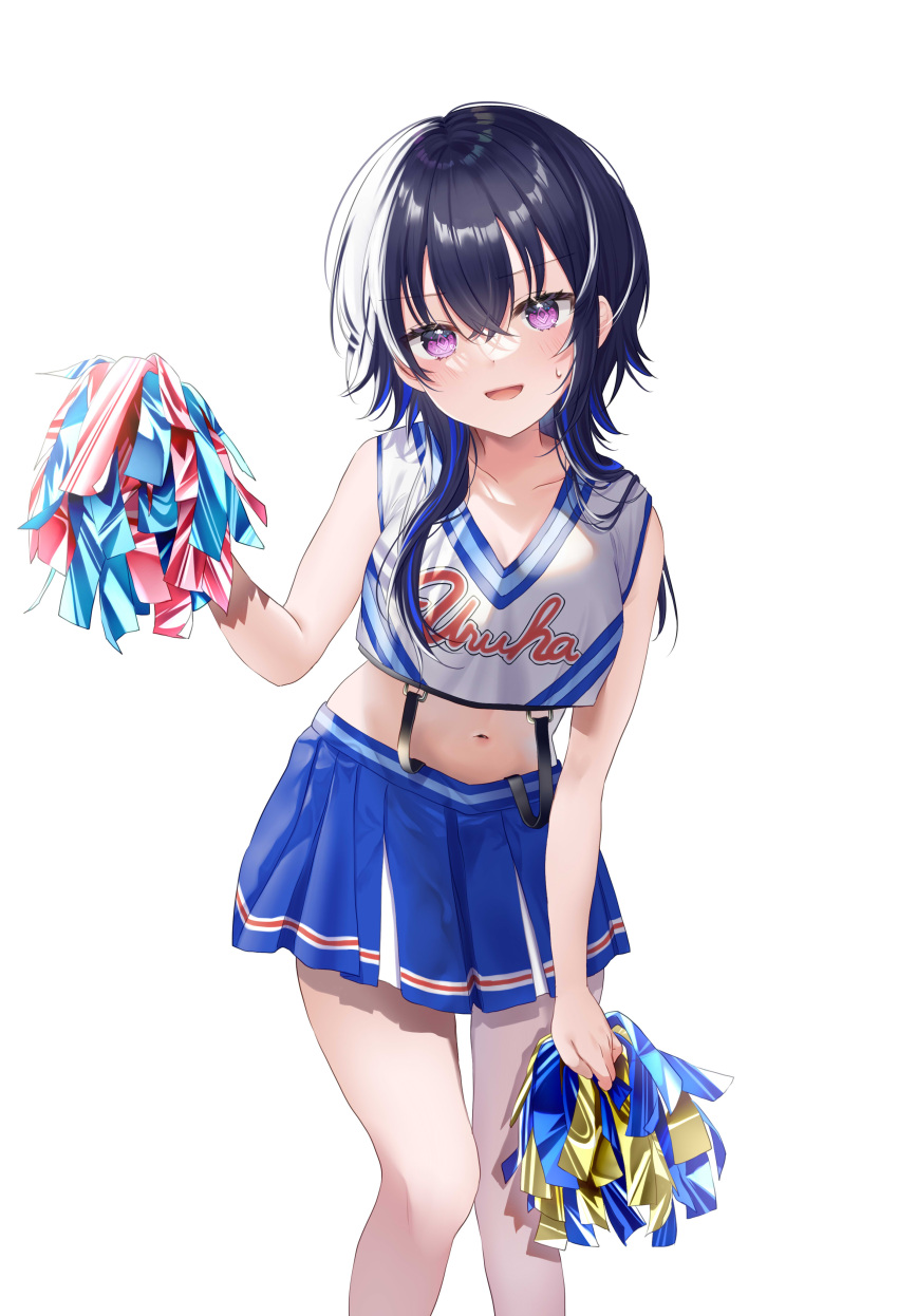 absurdres black_hair blue_hair blush breasts cheerleader crop_top highres holding holding_pom_poms ichinose_uruha long_hair looking_at_viewer lupinus_virtual_games medium_breasts midriff miniskirt multicolored_hair navel open_mouth pleated_skirt pom_pom_(cheerleading) pome_charo purple_eyes shoes simple_background skirt smile sneakers virtual_youtuber vspo! white_background white_skirt