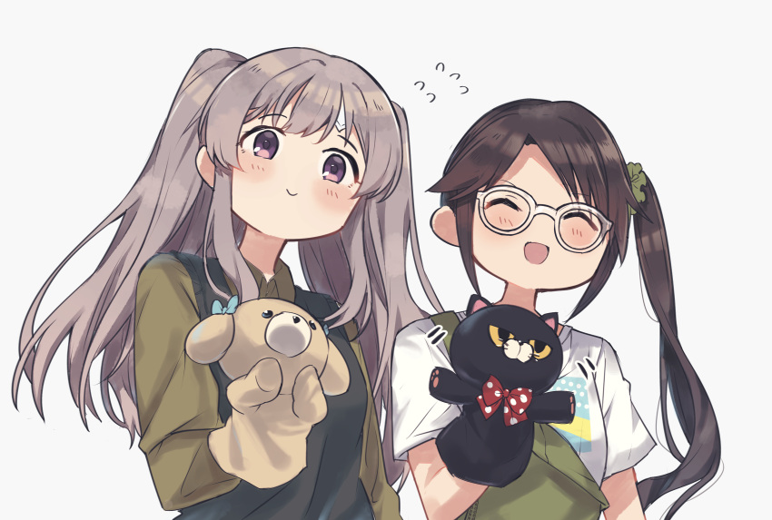 2girls :d absurdres bandaid black_hair blush closed_eyes flying_sweatdrops glasses grey_hair hand_puppet hanetsuka highres idolmaster idolmaster_shiny_colors mitsumine_yuika multiple_girls puppet purple_eyes side_ponytail smile sweater_vest twintails upper_body white_background yukoku_kiriko