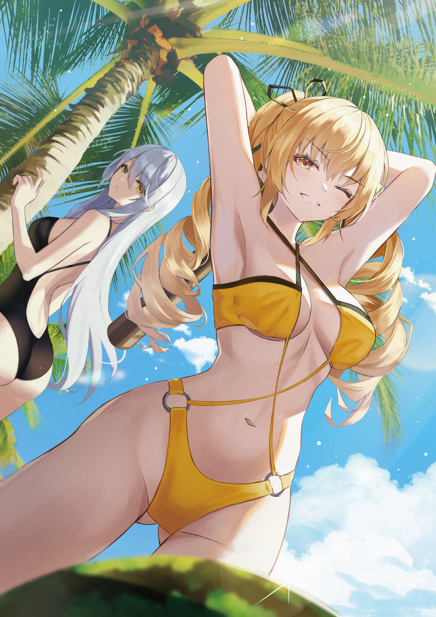 2girls absurdres armpits ass bare_arms bare_shoulders baseball_bat black_one-piece_swimsuit blonde_hair breasts cleavage day drill_hair food fruit grey_hair hair_ornament highres holding holding_baseball_bat hyonee large_breasts long_hair looking_at_viewer looking_back multiple_girls navel o-ring o-ring_swimsuit one-piece_swimsuit one_eye_closed orange_eyes original outdoors parted_lips revision smile suikawari swimsuit teeth thighs tree watermelon yellow_eyes yellow_one-piece_swimsuit