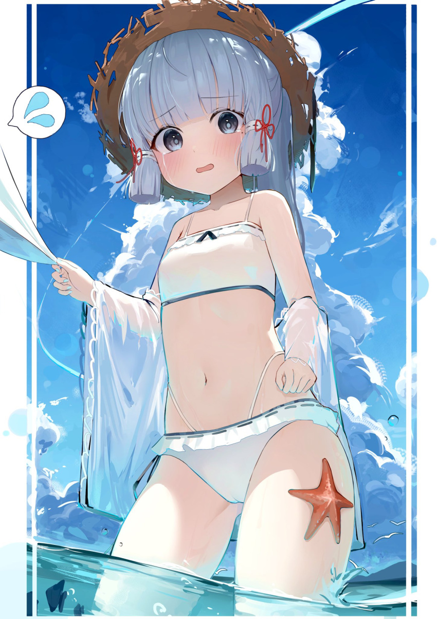 1girl aged_down amiamie bikini blue_eyes blue_hair blue_sky blunt_bangs blunt_tresses blush breasts cameltoe clothes_pull cloud commentary_request crying crying_with_eyes_open day detached_sleeves flower_knot frilled_bikini frills genshin_impact hair_ornament hair_ribbon hand_on_own_hip hat highleg highleg_swimsuit highres kamisato_ayaka light_blue_hair long_hair looking_at_viewer mole mole_under_eye ocean open_mouth outdoors ponytail revision ribbon scared see-through see-through_sleeves sidelocks sky small_breasts solo speech_bubble starfish straw_hat swimsuit tears tress_ribbon wading water white_bikini