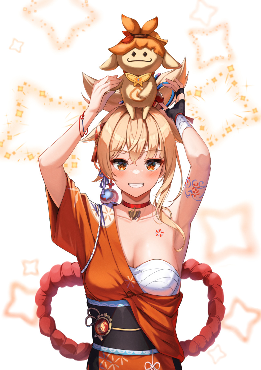 1girl aranara_(genshin_impact) arm_tattoo armpits arms_up black_gloves blonde_hair breasts butterfly_choker chest_sarashi chest_tattoo choker fingerless_gloves fish_tattoo flower_tattoo genshin_impact gloves grin hadanugi_dousa hair_ornament high_ponytail highres japanese_clothes kimono looking_at_viewer medium_breasts medium_hair multiple_bracelets obi on_head orange_eyes orange_kimono qoray7 red_choker rope sarashi sash shimenawa simple_background single_fingerless_glove smile tattoo vision_(genshin_impact) yoimiya_(genshin_impact)