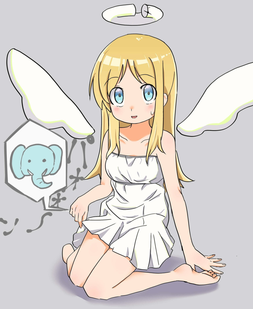 1other androgynous angel angel_wings bare_shoulders barefoot blonde_hair blue_eyes breasts broken_halo clothes_lift crimvael dress dress_lift elephant feet grey_background halo highres ishuzoku_reviewers kneeling knees_together_feet_apart lifted_by_self long_hair looking_at_viewer open_mouth short_dress simple_background small_breasts smile solo strapless strapless_dress tktktktknoko toes white_dress wings