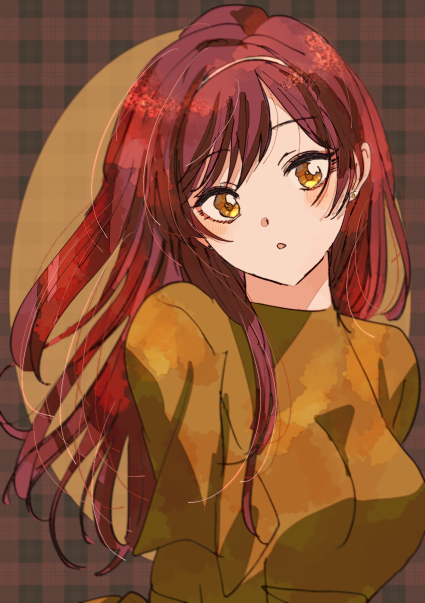 1girl :o absurdres alternate_costume blush breasts brown_dress circle dress earrings eyelashes hairband highres idolmaster idolmaster_shiny_colors jewelry long_hair looking_at_viewer medium_breasts osaki_amana paddy_field plaid plaid_background red_hair solo swept_bangs two-tone_background upper_body yellow_eyes