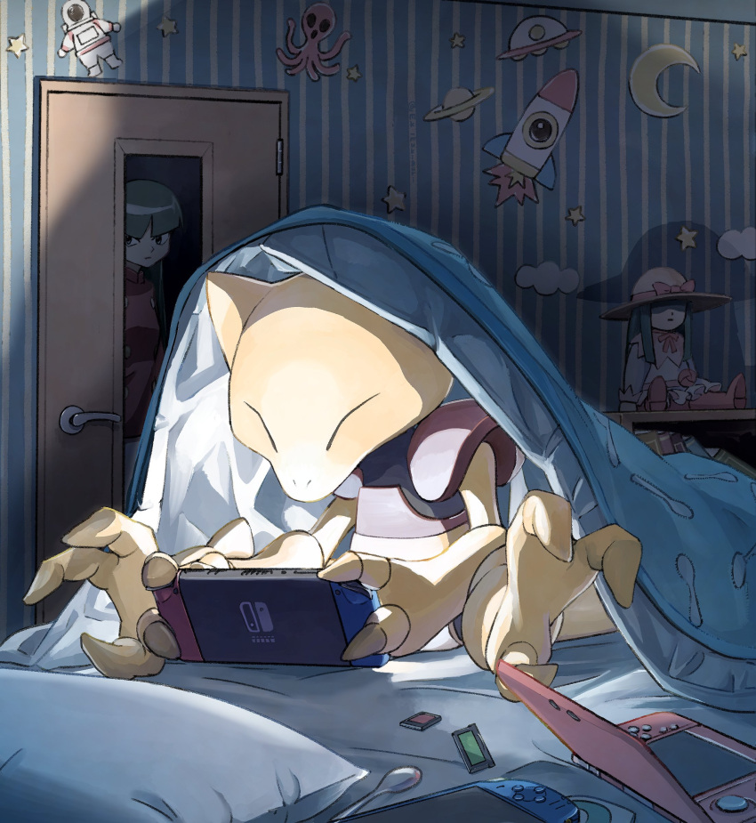 1girl abra absurdres alien bed blanket claws closed_eyes commentary crescent_moon doll door game_boy_cartridge green_hair handheld_game_console hat highres looking_through_window moon mukiguri nintendo nintendo_3ds nintendo_switch peeking pillow playing_games playstation_portable pokemon pokemon_(anime) pokemon_(creature) rocket_ship sabrina_(pokemon) saturn_(planet) sitting spacecraft spoon star_(symbol) ufo umd under_covers wallpaper_(object) window