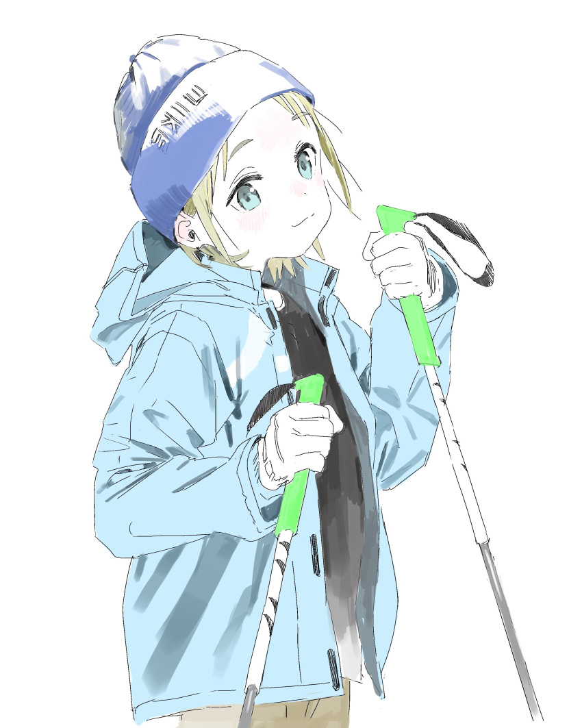 1boy absurdres beanie black_shirt blonde_hair blue_eyes blue_jacket blush child closed_mouth hat highres holding holding_ski_pole hood hooded_jacket jacket male_focus open_clothes open_jacket original purple_headwear shirt short_hair simple_background skis smile solo take_no_(xtc65_0) white_background