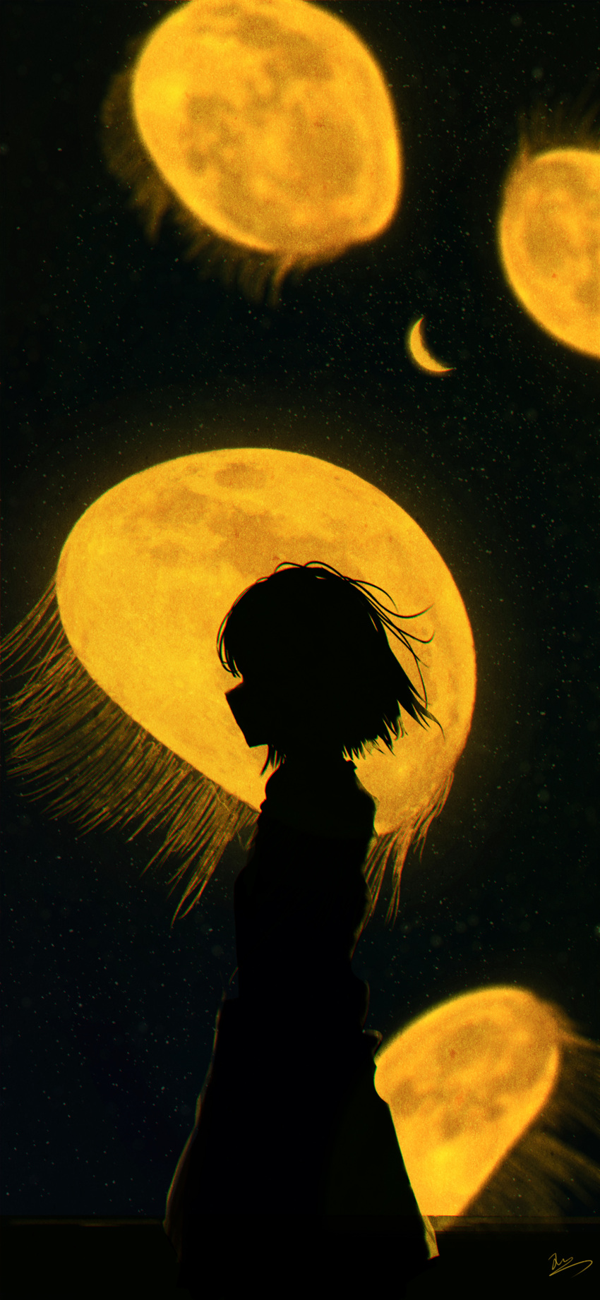 1girl absurdres arms_at_sides commentary cowboy_shot crescent_moon dark facing_ahead from_side highres jellyfish moon original profile scenery shadow signature silhouette skyrick9413 solo space star_(sky)