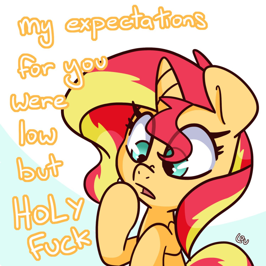 1:1 2020 blue_eyes dialogue equestria_girls equid equine female feral friendship_is_magic hair hasbro hi_res horn louvely mammal multicolored_hair my_little_pony open_mouth profanity reaction_image simple_background solo sunset_shimmer_(eg) text translucent translucent_hair two_tone_hair unicorn wide_eyed yellow_body