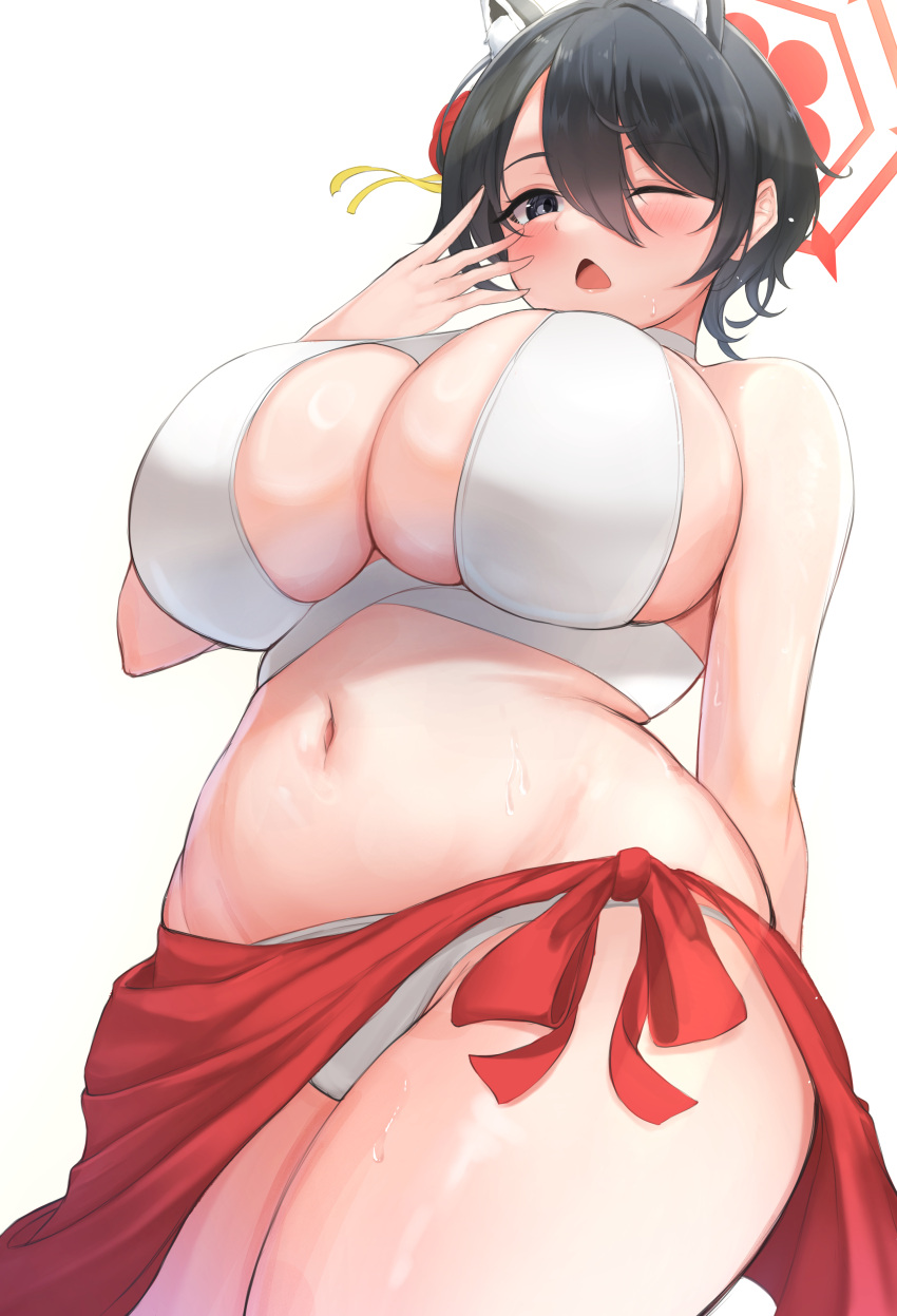 1girl absurdres animal_ear_fluff animal_ears arm_behind_back bare_arms bare_shoulders belly bikini black_eyes black_hair blue_archive blush breasts cleavage cowboy_shot from_below hair_between_eyes halo hand_up highres huge_breasts looking_at_viewer looking_down minori_(user_eket5233) navel one_eye_closed open_mouth red_halo red_sarong sarong short_hair simple_background solo swept_bangs swimsuit triangle_mouth tsubaki_(blue_archive) wet white_background white_bikini wide_hips yawning