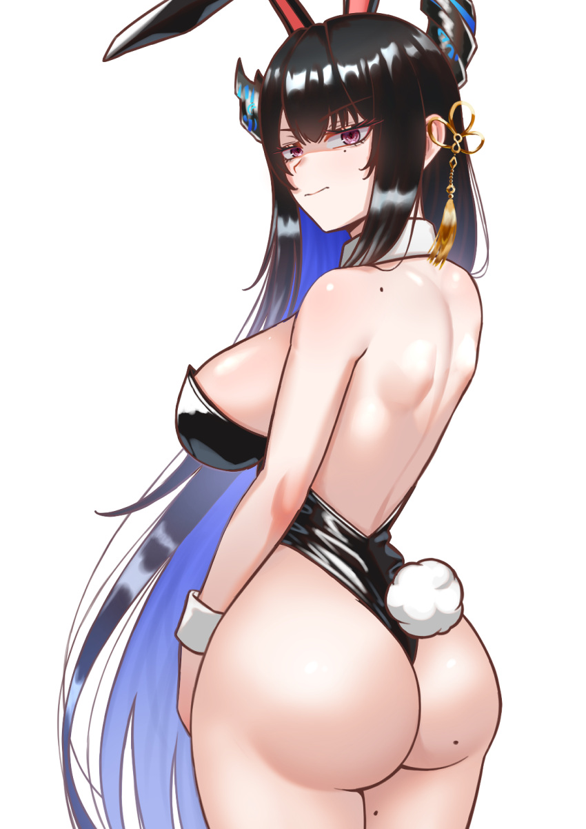 1girl animal_ears ass back bare_shoulders black_hair breasts cipher4109 colored_inner_hair cowboy_shot english_commentary from_behind glaring hair_ornament highres hololive hololive_english large_breasts long_hair looking_at_viewer looking_back mole mole_on_ass mole_on_shoulder mole_on_thigh mole_under_eye multicolored_hair nerissa_ravencroft playboy_bunny rabbit_ears rabbit_tail sideboob simple_background solo tail v-shaped_eyebrows very_long_hair virtual_youtuber white_background