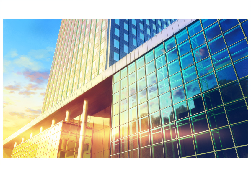 building city cloud glass gradient_sky hariken highres lens_flare letterboxed no_humans original scenery sky still_life sunset window