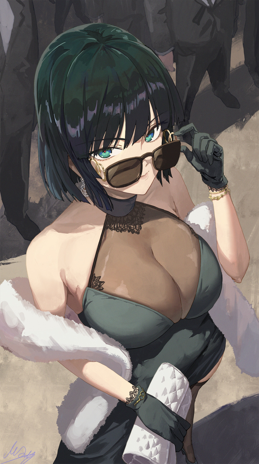 1girl 4others bare_shoulders black_dress black_gloves black_hair bracelet breasts cleavage closed_mouth dress feather_boa from_above fubuki_(one-punch_man) gloves green_eyes hand_on_eyewear highres holding holding_wallet jewelry large_breasts looking_at_viewer m.q_(mqkyrie) multiple_others one-punch_man people short_hair signature smile solo_focus sunglasses wallet women's_wallet
