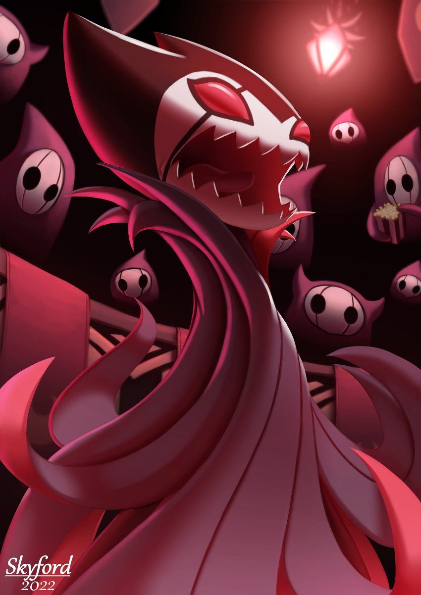 2022 absurd_res ambiguous_gender animal_humanoid arthropod arthropod_humanoid audience banner black_eyes cape clothed clothing detailed_background empty_eyes food grimm_(hollow_knight) grimmkin_master_(hollow_knight) grimmkin_nightmare_(hollow_knight) grimmkin_novice_(hollow_knight) group hi_res holding_popcorn hollow_knight humanoid insect insect_humanoid jagged_mouth lamp lantern looking_at_another open_mouth pink_eyes popcorn portrait railing red_light red_theme skyford solo_focus standing team_cherry