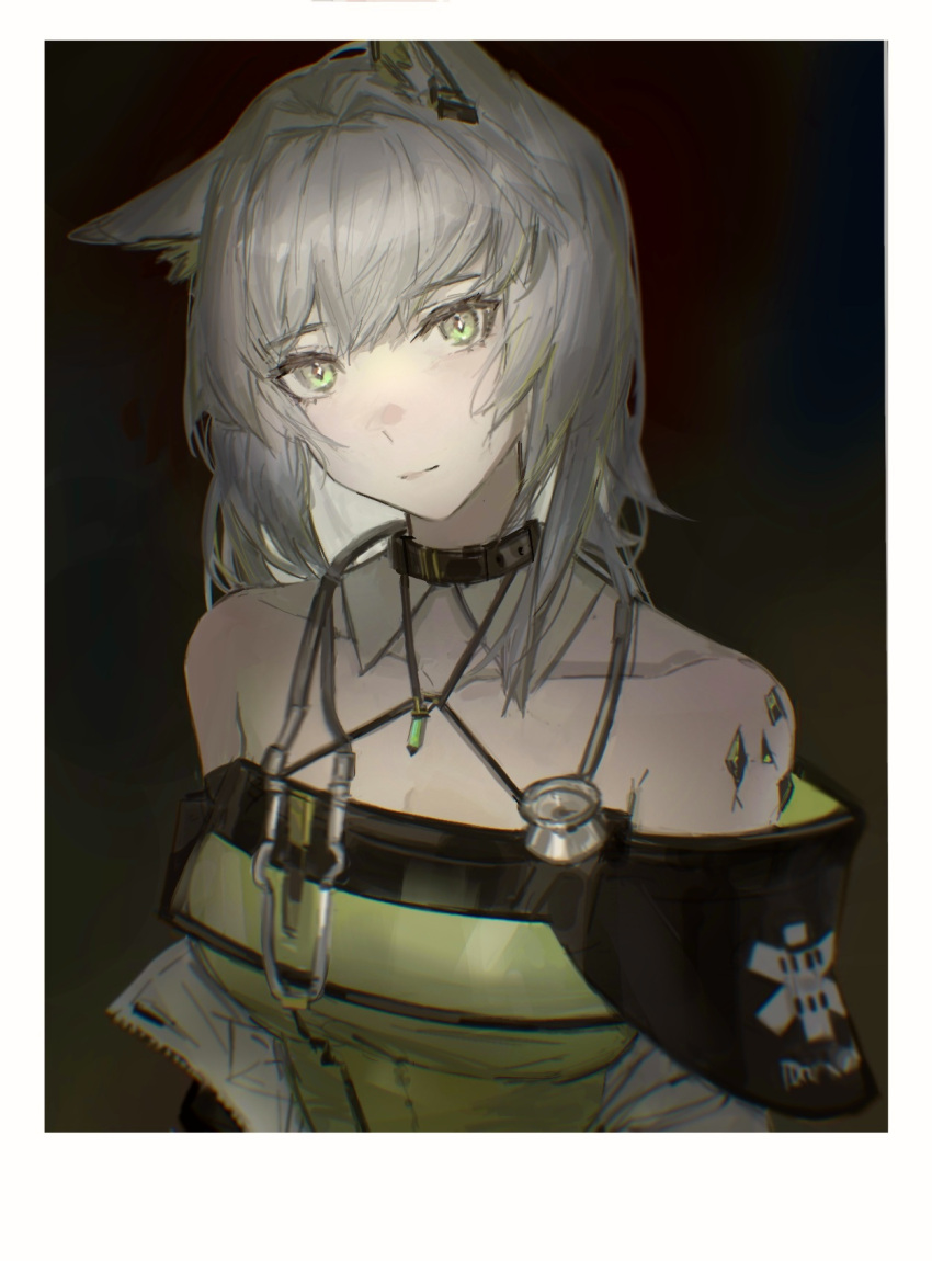 1girl animal_ear_fluff animal_ears arknights bare_shoulders breasts cleavage closed_mouth collarbone commentary_request commission dress green_dress green_eyes grey_hair hair_between_eyes highres jacket kal'tsit_(arknights) long_hair looking_at_viewer medium_breasts off-shoulder_jacket off_shoulder polaroid shuimo solo upper_body white_jacket