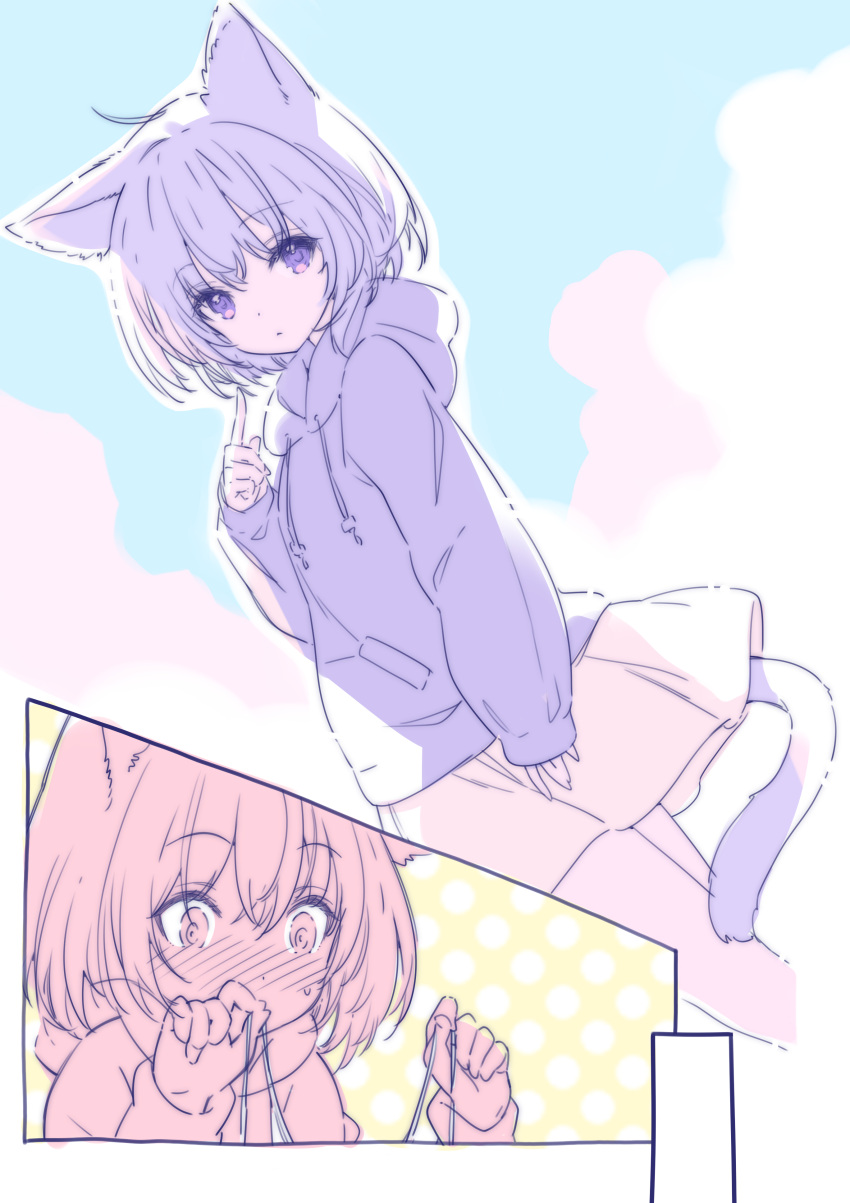 1girl absurdres animal_ears blush cat_ears cat_girl cat_tail highres hirano_katsuyuki hood hood_down hoodie long_sleeves looking_at_viewer miniskirt nose_blush original short_hair sketch skirt sleeves_past_wrists tail