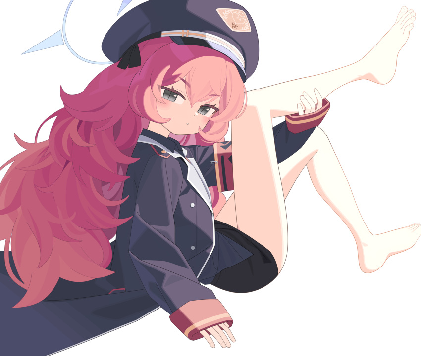 1girl armband bare_legs barefoot big_hair black_coat black_eyes black_skirt blue_archive blush coat from_side hair_between_eyes hat highres iroha_(blue_archive) long_hair long_sleeves looking_at_viewer mabera miniskirt multicolored_hair open_clothes open_coat parted_lips peaked_cap pencil_skirt pink_hair red_hair safety_pin shadow simple_background sitting skirt solo very_long_hair wavy_hair white_background