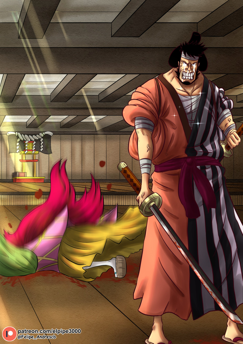 2boys absurdres artist_name bandaged_arm bandaged_head bandages black_hair blood blood_on_weapon clenched_hand clenched_teeth commentary_request crying crying_with_eyes_open elpipe_3000 facial_hair goatee highres holding holding_sword holding_weapon indoors japanese_clothes kanjuro katana kimono kinemon long_hair long_sideburns male_focus multiple_boys one_piece red_hair short_hair sideburns spanish_commentary sword tears teeth topknot weapon web_address