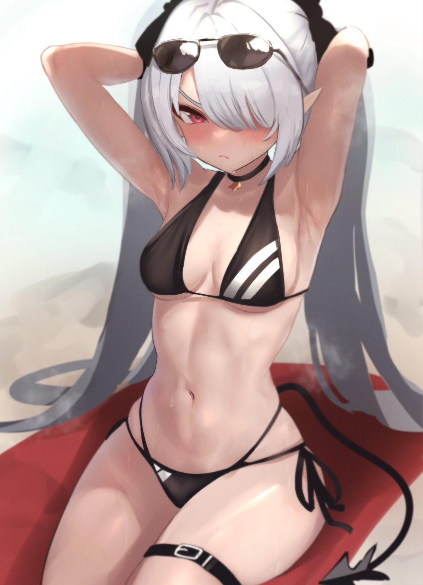 1girl absurdres armpits arms_behind_head arms_up bikini black_bikini black_gloves blue_archive blush breasts choker dark-skinned_female dark_skin eyewear_on_head gloves grey_hair hair_over_one_eye halo highres iori_(blue_archive) iori_(swimsuit)_(blue_archive) long_hair looking_at_viewer medium_breasts mochitsuki_karen navel pointy_ears red_eyes side-tie_bikini_bottom solo stomach sunglasses swimsuit tail twintails very_long_hair wet