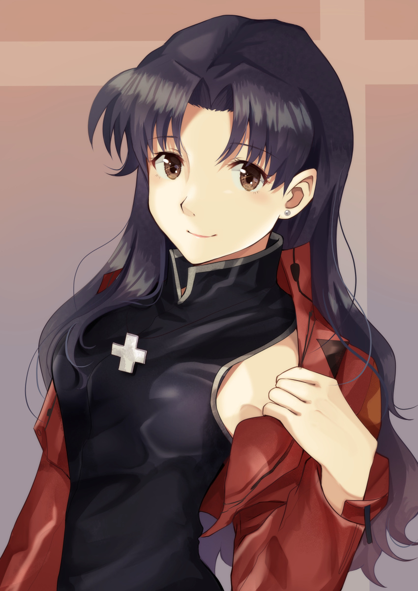1girl absurdres alternate_hair_color arm_at_side armpits black_dress black_hair breasts brown_eyes closed_mouth commentary cropped_jacket cross cross_necklace dress earrings hair_over_shoulder hair_strand highres jacket jewelry katsuragi_misato long_hair long_sleeves looking_at_viewer mandarin_collar medium_breasts nachosu narrow_waist necklace neon_genesis_evangelion open_clothes open_jacket parted_bangs red_jacket sleeveless sleeveless_dress smile solo standing undressing upper_body