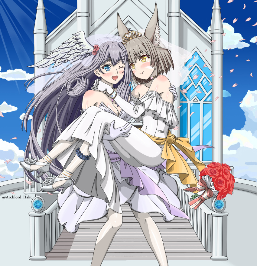 2girls absurdres animal_ear_fluff animal_ears archlord_haku artist_name bare_shoulders bouquet bride cat_ears character_request church cloud commentary_request confetti dress face-to-face flower highres holding holding_bouquet light_rays long_hair looking_at_viewer multiple_girls one_eye_closed open_mouth rose wedding_dress white_dress white_footwear wife_and_wife xenoblade_chronicles_(series) xenoblade_chronicles_2 yellow_eyes yuri