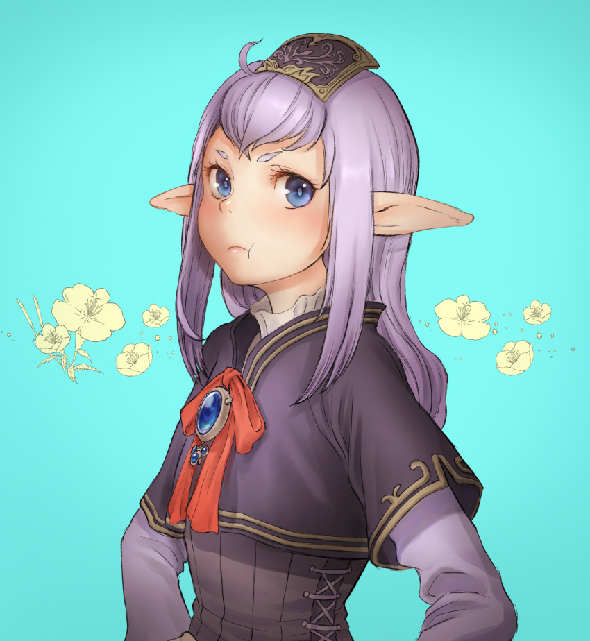 1girl :t ahoge blue_eyes blue_gemstone brooch cactus41747280 closed_mouth crossed_bangs elf elvaan final_fantasy final_fantasy_xi flower frown gem highres jewelry light_blue_background light_purple_hair long_hair long_sleeves neck_ribbon pointy_ears prishe red_ribbon ribbon solo