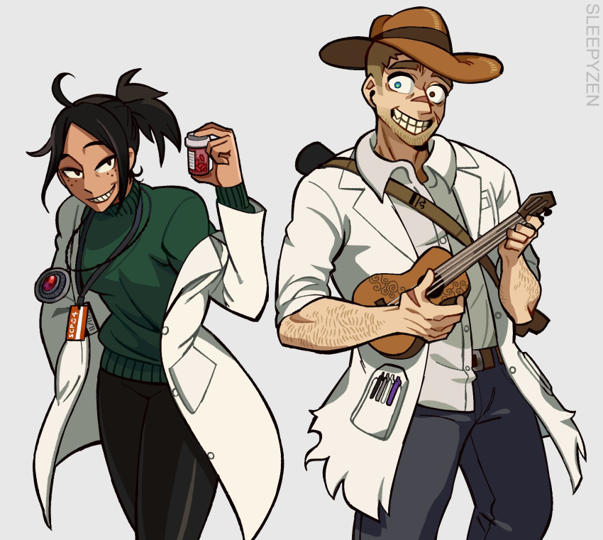 1boy 1girl alto_clef artist_name beard black_hair collared_shirt cowboy_hat cowboy_shot facial_hair freckles green_sweater grin hat heterochromia highres imsleepyzen instrument jack_bright labcoat music pen_in_pocket playing_instrument scp-500 scp-963 scp_foundation shirt shirt_partially_tucked_in smile sweater white_shirt