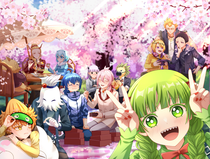 3girls 6+boys :d absurdres agarath_picero ahoge alocer_schneider andro_m._jazz asmodeus_alice bird_boy blonde_hair blue_eyes blue_hair blush braid brown_hair caim_camui chair cherry_blossoms chopsticks closed_eyes commentary_request crocell_keroli demon_girl demon_horns double_v eye_mask food garp_goemon green_eyes green_hair guang_wu_ying highres horns jewelry light_blue_hair lion_boy long_hair mairimashita!_iruma-kun mask mouth_mask multiple_boys multiple_girls muscular nail_polish pink_hair pointy_ears purson_soi red_eyes red_nails ring sabnock_sabro sharp_teeth shax_lead sitting smile suzuki_iruma table teeth tree twin_braids v valac_clara white_hair x_elisabetta yellow_eyes