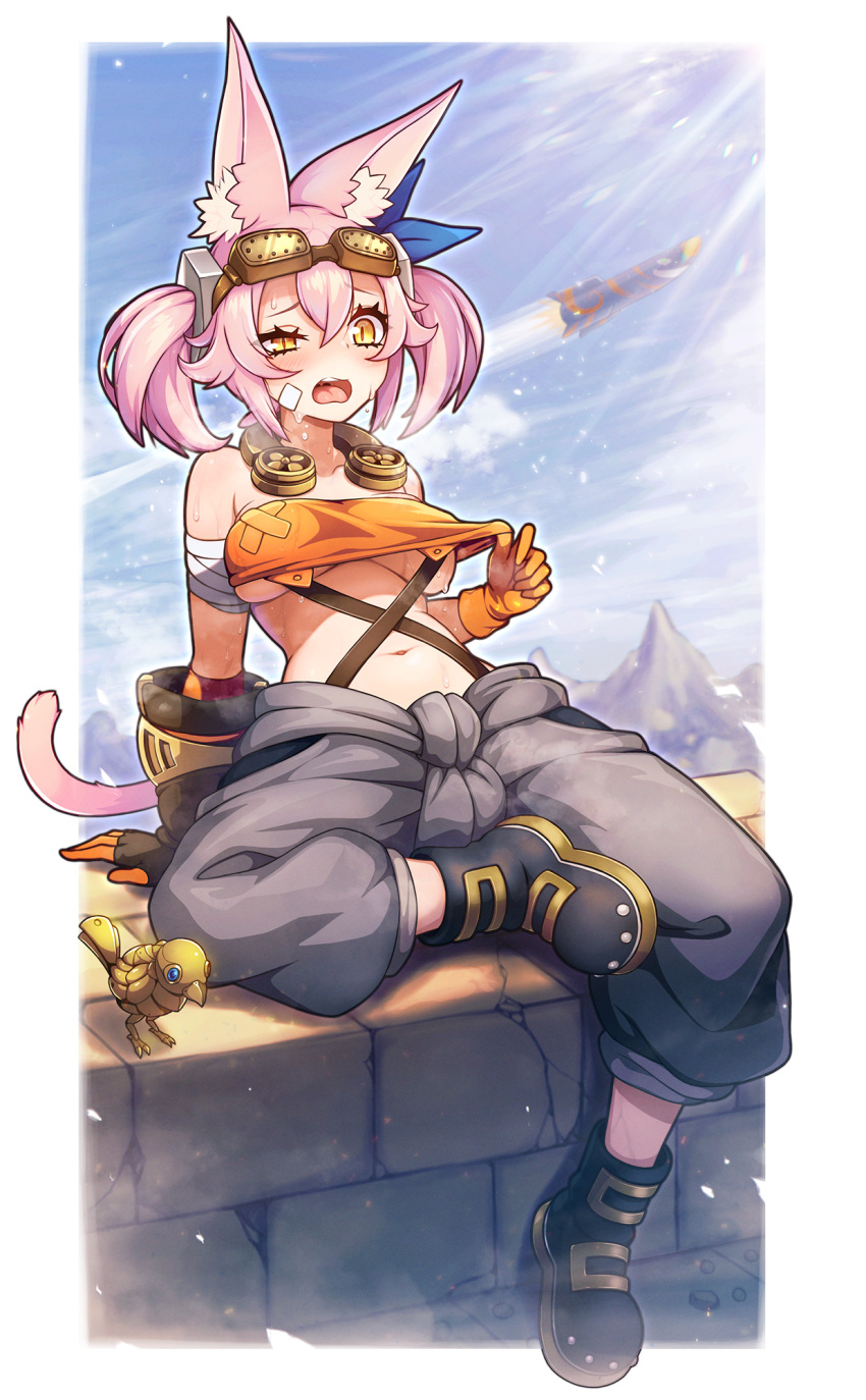 1girl animal_ears bandeau blush breasts cat_ears duel_monster ferret_ears ferret_girl gloves goggles goggles_on_head grey_jumpsuit hair_ornament highres jumpsuit jumpsuit_around_waist kitt_(yu-gi-oh!) long_hair medium_breasts navel open_mouth orange_bandeau pink_hair pink_tail poifuru sweat tail tri-brigade_kitt tri-brigade_mercourier twintails underboob yellow_eyes yu-gi-oh!