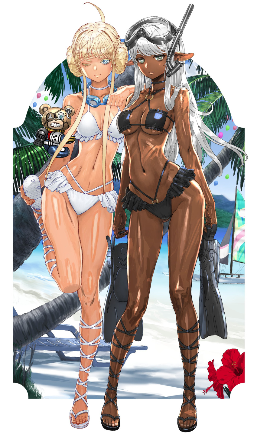 2girls absurdres arm_on_shoulder barefoot_sandals beach bikini black_bikini black_footwear blue_eyes boat breasts choker cleavage clenched_hand collarbone criss-cross_halter doughnut_hair_bun flippers flippers_removed flower frilled_bikini frills full_body godz_order goggles goggles_around_neck goggles_on_head grey_eyes hair_behind_ear hair_bun halterneck highres holding holding_own_foot leg_up long_hair long_pointy_ears looking_at_viewer medium_breasts megumi_asmodeus mountain multiple_girls navel o-ring o-ring_bikini ocean one_eye_closed palm_tree pointy_ears red_flower sailboat sidelocks smile snorkel swimsuit tree very_long_hair watercraft white_choker white_footwear yasuda_akira yuri_godbuster