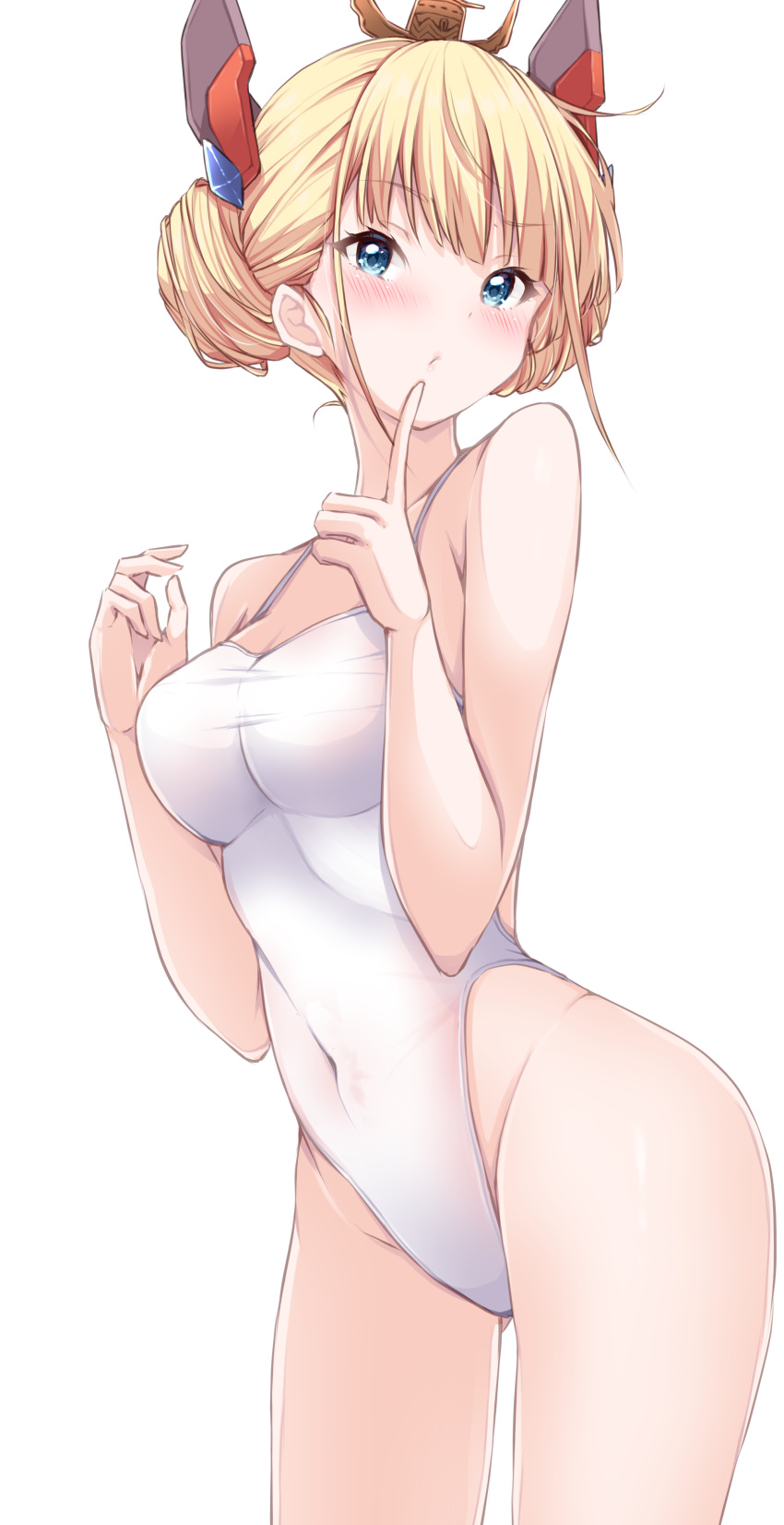 1girl absurdres azur_lane blonde_hair blue_eyes blush breasts commentary_request commission competition_swimsuit covered_navel cowboy_shot double_bun english_commentary finger_to_mouth hair_bun hair_ornament hand_up headgear highres index_finger_raised le_triomphant_(azur_lane) looking_at_viewer medium_breasts mikuchi3939 mixed-language_commentary one-piece_swimsuit pixiv_commission simple_background solo swimsuit thighs white_background
