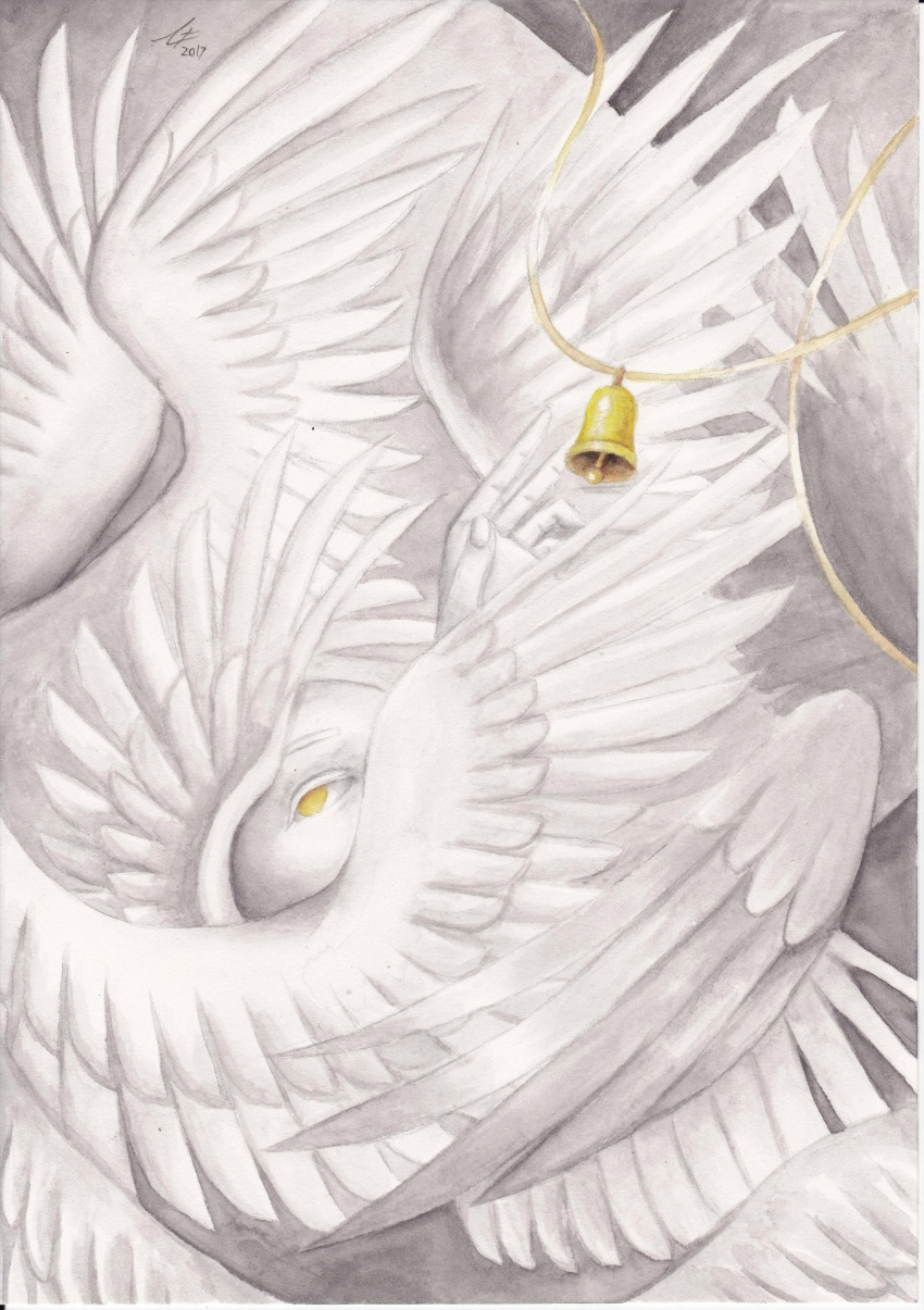 2017 absurd_res ambiguous_gender angel bell dated feathered_wings feathers hi_res monochrome multi_wing no_pupils restricted_palette scp-469 scp_foundation seraph_(angel) signature solo spread_wings string traditional_media_(artwork) white_body white_feathers white_wings wings yellow_and_white yellow_eyes zhange