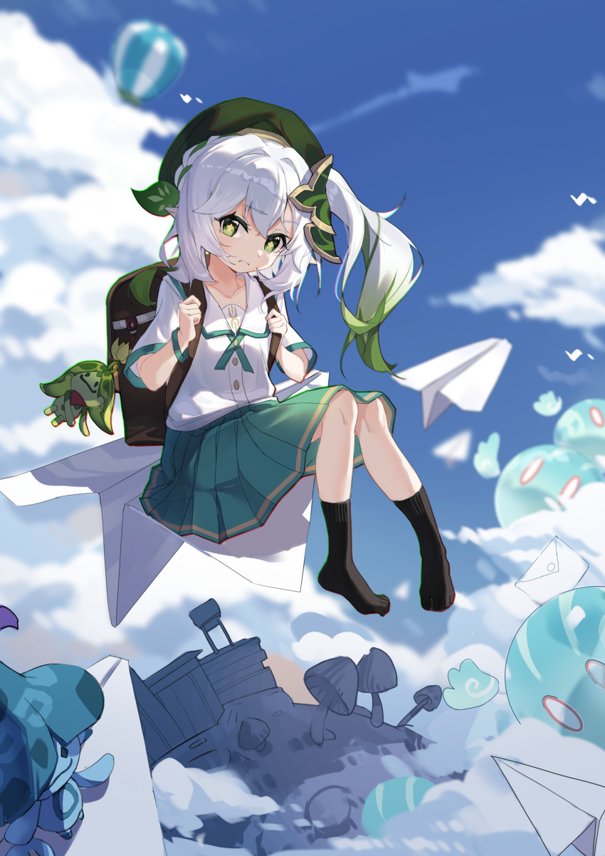 1girl absurdres aranara_(genshin_impact) backpack bag beret black_socks child cloud cloudy_sky day female_child frown genshin_impact green_skirt hat highres long_hair looking_at_viewer mushroom nahida_(genshin_impact) outdoors paper_airplane pleated_skirt pout sailor_collar school_uniform shirt short_sleeves side_ponytail sitting skirt sky slime_(genshin_impact) socks ulrica.h white_sailor_collar white_shirt