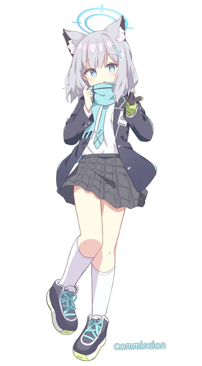 1girl absurdres animal_ear_fluff animal_ears aqua_necktie aqua_scarf black_footwear black_jacket black_skirt blue_archive blue_eyes blue_halo blush bright_pupils cross_hair_ornament english_text full_body gloves green_gloves grey_hair hair_ornament halo highres id_card jacket kneehighs long_sleeves necktie open_clothes open_jacket open_mouth plaid plaid_skirt pleated_skirt ryoku_sui scarf shiroko_(blue_archive) shirt simple_background skirt socks solo standing two-tone_gloves white_background white_pupils white_shirt white_socks wolf_ears