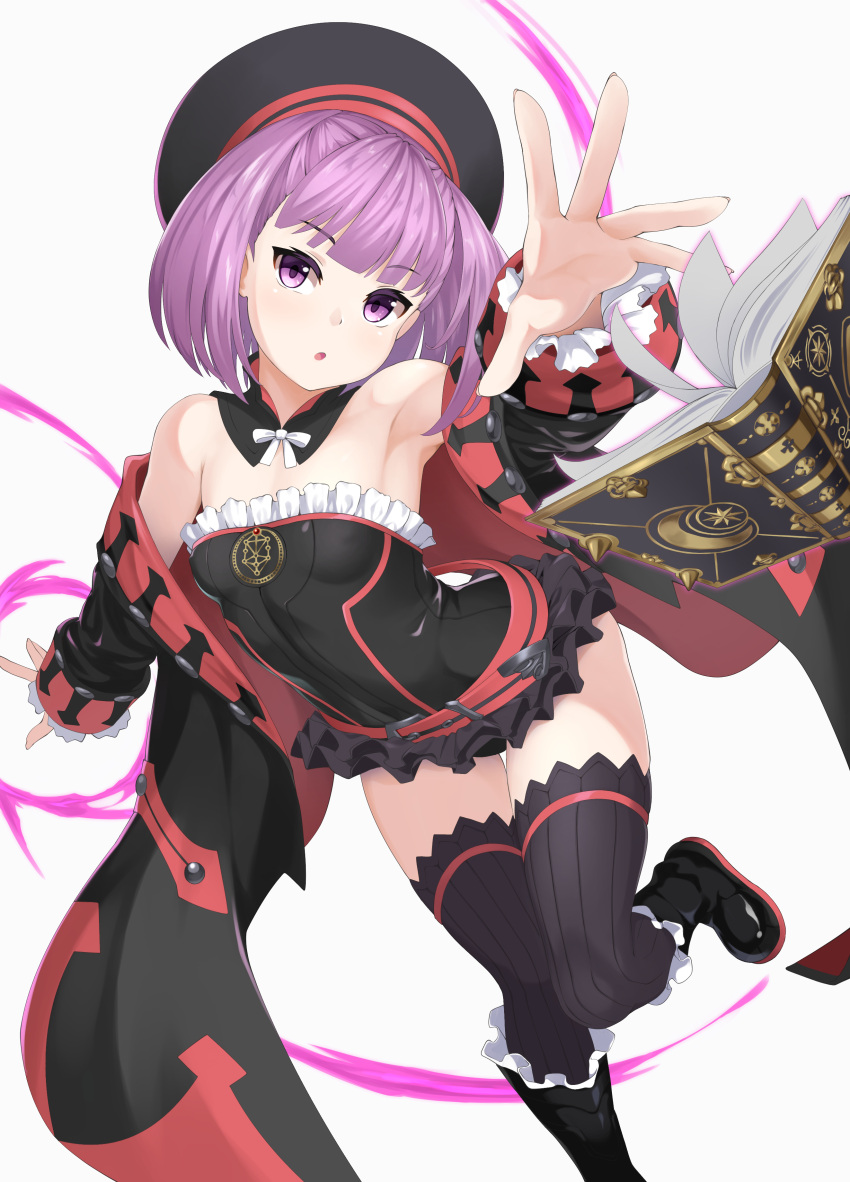 1girl absurdres bare_shoulders black_coat black_dress black_headwear black_thighhighs book breasts coat commentary detached_collar dress fate/grand_order fate_(series) hat helena_blavatsky_(fate) highres long_sleeves looking_at_viewer off_shoulder open_clothes open_coat open_mouth outstretched_arm purple_eyes purple_hair short_dress short_hair small_breasts solo thighhighs thighs yamachi_(xadp7533)
