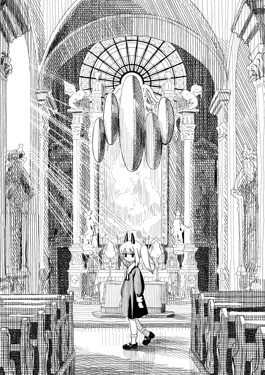 1girl :o absurdres altar church collared_dress crosshatching dress expressionless floating floating_hair floating_object from_side greyscale hatching_(texture) heel_up highres horns indoors kneehighs light_rays long_hair long_sleeves looking_at_viewer looking_to_the_side mary_janes monochrome neck_ribbon nerio_(neri_akira) original parted_lips pew puffy_long_sleeves puffy_sleeves ribbon shadow shoes short_dress sidelighting sidelocks sleeve_cuffs socks solo twintails walking wide_shot