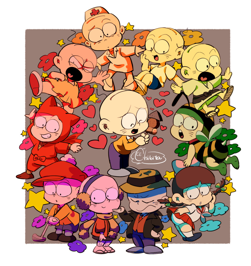 1boy amazou bald ballerina bee_costume bow brown_hair character_name chibita color_wheel dougi earmuffs expressionless flower flying_kick food golf_club grin gym_uniform hair_bow hat heart highres karate_gi kicking male_focus multiple_views neckerchief ninja nurse nurse_cap oden official_alternate_costume osomatsu-kun panties pink_neckerchief red_sailor_collar red_skirt sailor_collar scarf school_uniform serafuku skirt smile tutu twintails underwear wig