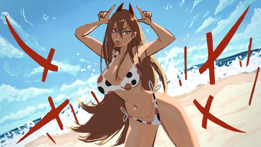 absurd_res beach big_breasts breasts brown_hair chainsaw_man clothing cloud demon demon_humanoid eyelashes female hair hi_res horn horned_humanoid humanoid long_hair looking_at_viewer maulegend navel open_mouth pattern_clothing pattern_swimwear polka_dot_swimwear power_(chainsaw_man) pupils red_eyes red_horn sea seaside sharp_teeth sky solo spots spotted_clothing spotted_swimwear swimwear tan_body tan_skin teeth thick_thighs tongue tongue_out unusual_pupils water wide_hips