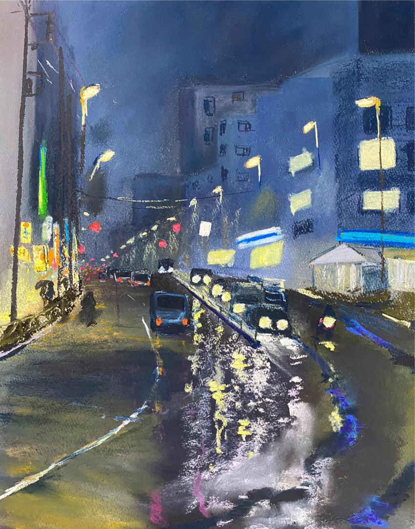 apartment blue_sky building car city highres lamppost light motor_vehicle night night_sky original painting_(medium) power_lines reflective_floor road sakaue111 shadow sign sky street traditional_media utility_pole watercolor_(medium)