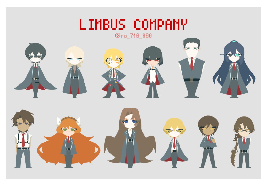 6+boys 6+girls blue_eyes blue_hair border bow brown_hair chibi don_quixote_(project_moon) everyone faust_(project_moon) glasses green_eyes gregor_(project_moon) grey_background hair_bow heathcliff_(project_moon) highres hong_lu_(project_moon) ishmael_(project_moon) limbus_company long_hair meursault_(project_moon) multiple_boys multiple_girls no_710 no_lineart orange_hair outis_(project_moon) project_moon red_eyes rodion_(project_moon) ryoshu_(project_moon) short_hair simple_background sinclair_(project_moon) sparkling_eyes standing very_long_hair white_border white_bow white_hair yi_sang_(project_moon)