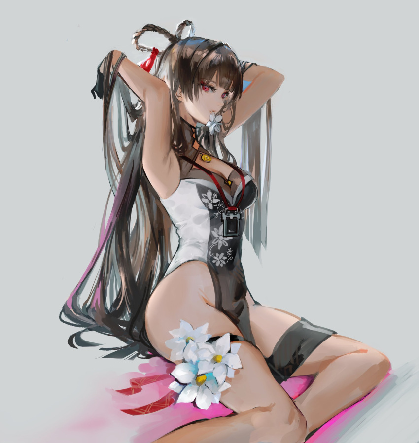 arms_up black_gloves braid breast_cutout breasts brown_hair china_dress chinese_clothes cleavage dress feet_out_of_frame flower flower_on_mouth gloves goddess_of_victory:_nikke grey_background hair_rings half_gloves highleg highleg_dress highres holding holding_hair long_hair looking_at_viewer medium_breasts otimusyairoha red_eyes simple_background sitting thigh_strap twin_braids very_long_hair yan_(nikke) yokozuwari