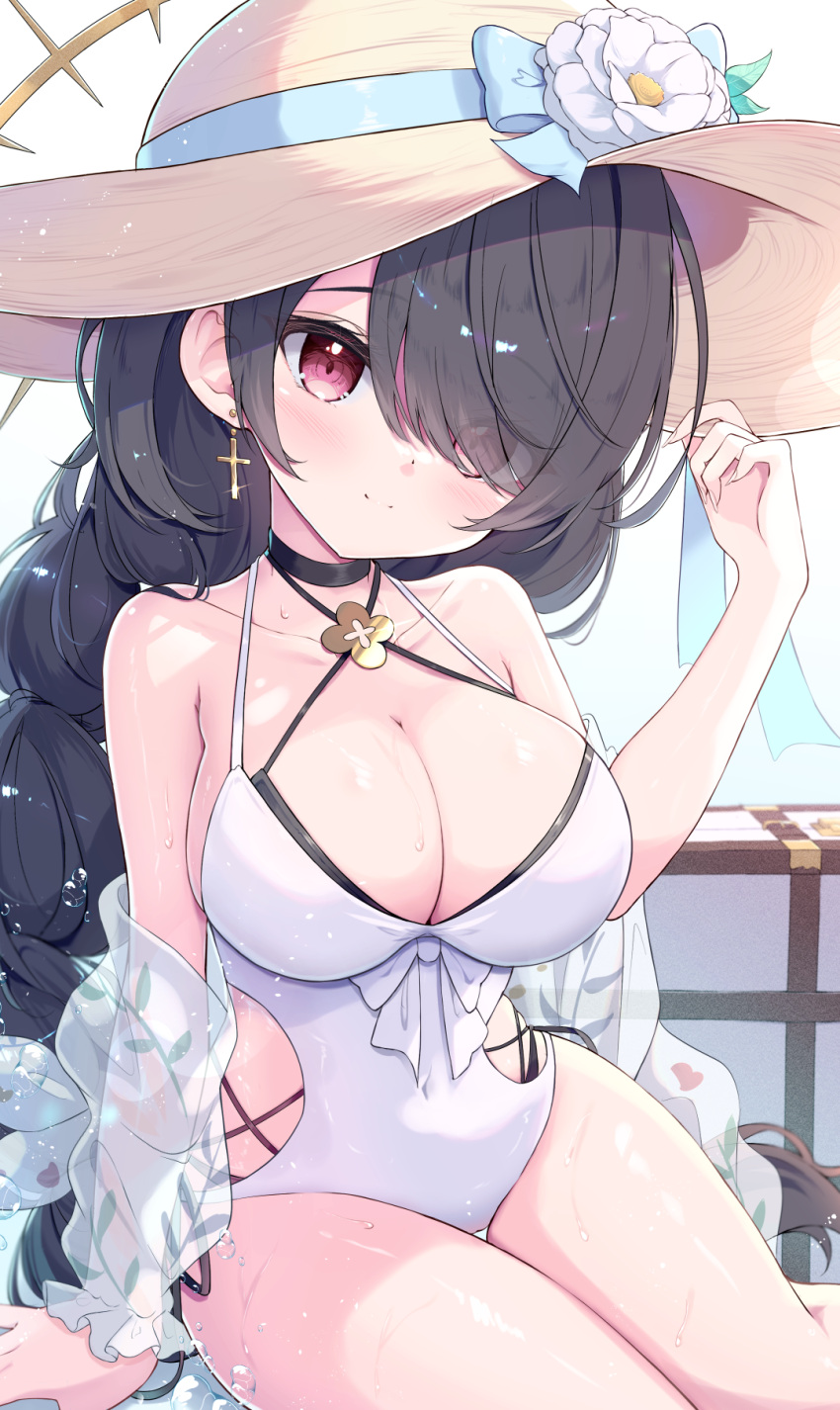 1girl blue_archive braid braided_ponytail breasts brown_headwear cleavage closed_mouth cross cross_earrings earrings flower flower_hat hair_over_one_eye halo hat highres hinata_(blue_archive) hinata_(swimsuit)_(blue_archive) jewelry large_breasts looking_at_viewer mikaze_oto official_alternate_costume one-piece_swimsuit red_eyes sitting smile solo swimsuit thighs wet white_flower white_one-piece_swimsuit