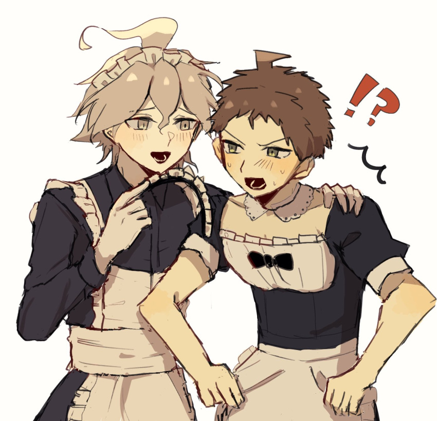 !? 2boys :d ahoge alternate_costume black_dress blush brown_eyes brown_hair collarbone danganronpa_(series) danganronpa_2:_goodbye_despair dress enmaided gloves grey_background grey_hair headdress_removed highres hinata_hajime iramarukas komaeda_nagito long_sleeves looking_at_another lower_teeth_only maid maid_headdress male_focus messy_hair multiple_boys short_hair simple_background smile sweat teeth white_gloves