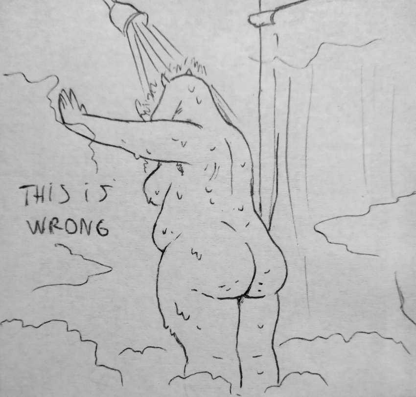 2023 absurd_res anthro boss_monster bovid breasts butt caprine deltarune female fur goat hi_res leaning mammal mature_female monochrome nude overweight overweight_anthro overweight_female perrox shower shower_curtain solo steam toriel traditional_media_(artwork) undertale undertale_(series) wet wet_body wet_fur