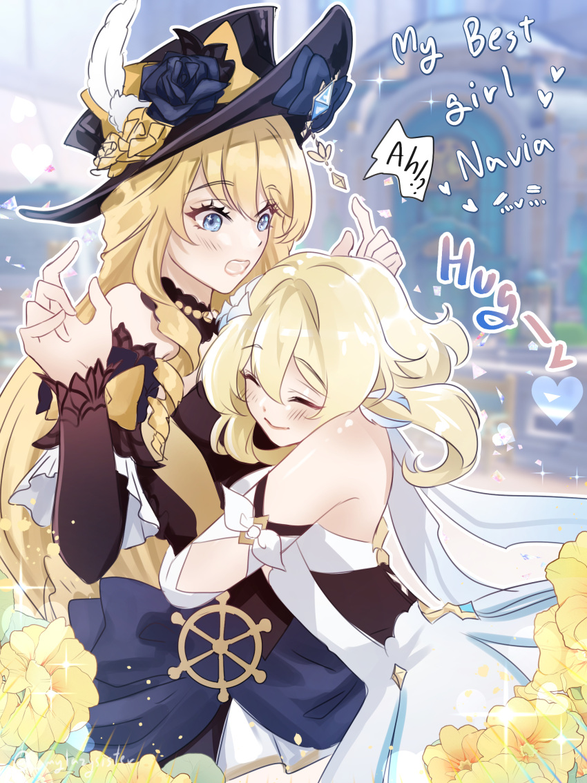 2girls absurdres black_headwear blonde_hair blue_eyes blue_gemstone blurry blurry_background blush bow closed_eyes dress dress_bow english_commentary english_text flower game_screenshot_background gem genshin_impact hat hat_flower hat_ornament highres hug jewelry long_hair lumine_(genshin_impact) multiple_girls mylazysister navia_(genshin_impact) smile