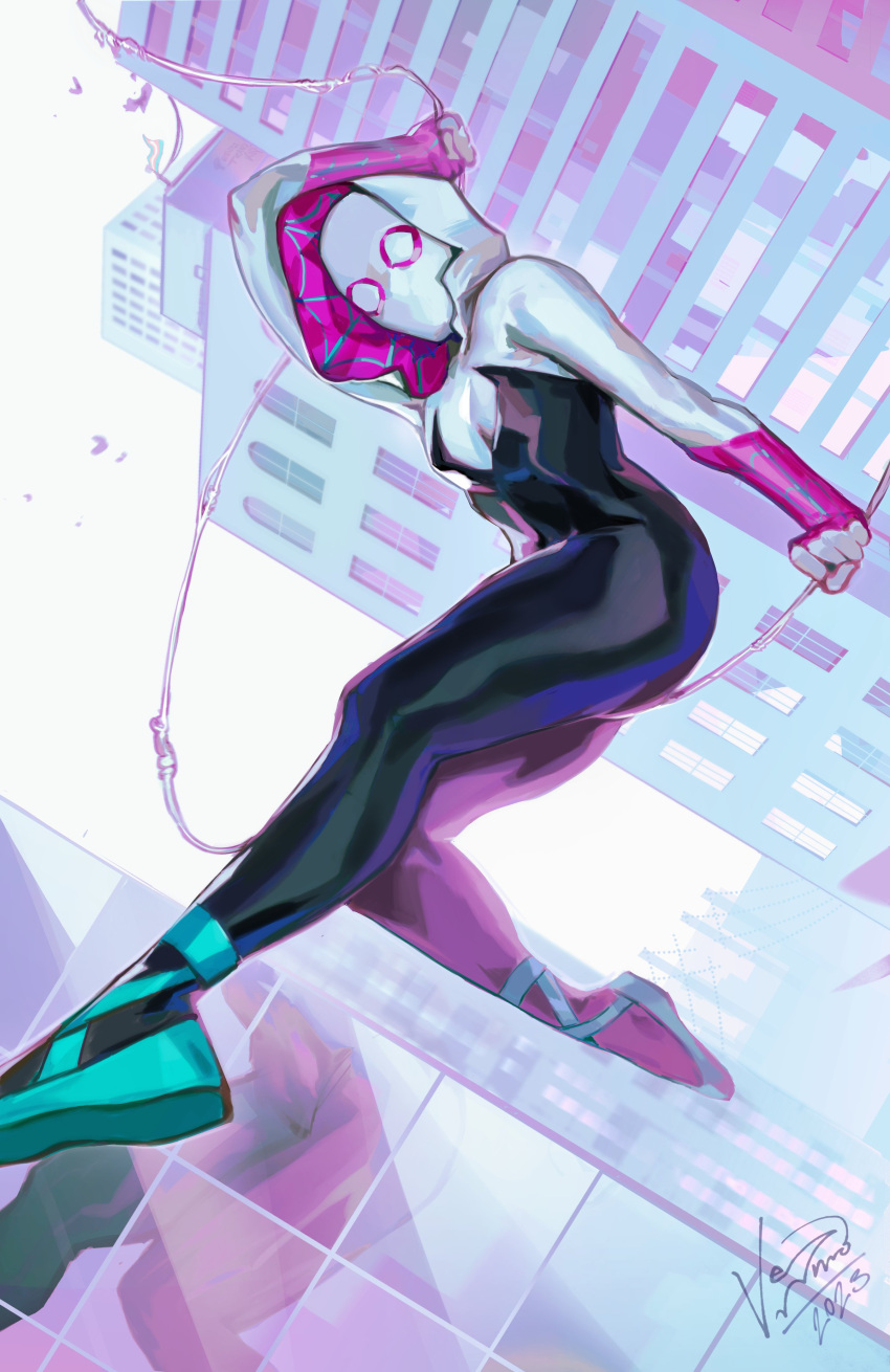 1girl absurdres aqua_footwear ballet_slippers black_bodysuit bodysuit breasts gwen_stacy highres hood hooded_bodysuit looking_at_viewer marvel medium_breasts silk skin_tight spider-gwen spider-man:_across_the_spider-verse spider-man:_into_the_spider-verse spider-man_(series) spider_web superhero two-tone_bodysuit vennro0 white_bodysuit