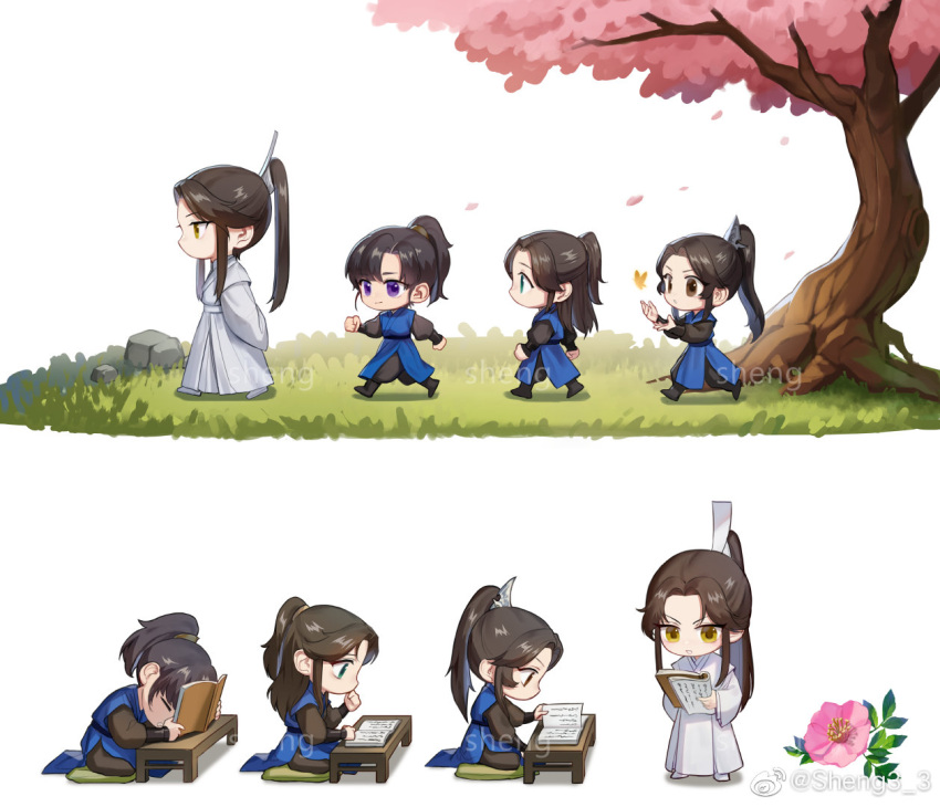 4boys :o aged_down artist_name bishounen black_footwear black_hair blue_robe book boots brown_eyes bug butterfly camellia cherry_blossoms chibi child chinese_clothes chinese_commentary chu_wanning closed_mouth commentary_request cushion erha_he_tadebai_mao_shizun flower following grass green_eyes hair_ornament hanfu high_ponytail long_hair long_sleeves male_child male_focus mo_ran multiple_boys multiple_views open_book parted_bangs pink_flower ponytail purple_eyes robe rock sheng3_3 shi_mei sidelocks simple_background sitting smile studying table tree walking weibo_logo weibo_username white_background white_footwear white_robe xue_meng