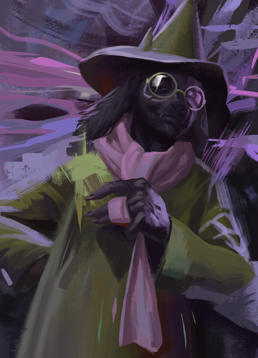 2022 abstract_background absurd_res angusburgers anthro biped black_body black_fur bovid caprine claws clothing deltarune digital_media_(artwork) disco_elysium eyewear finger_claws fur glasses goat hat headgear headwear hi_res horn male mammal pink_scarf ralsei round_glasses scarf smile solo undertale_(series)