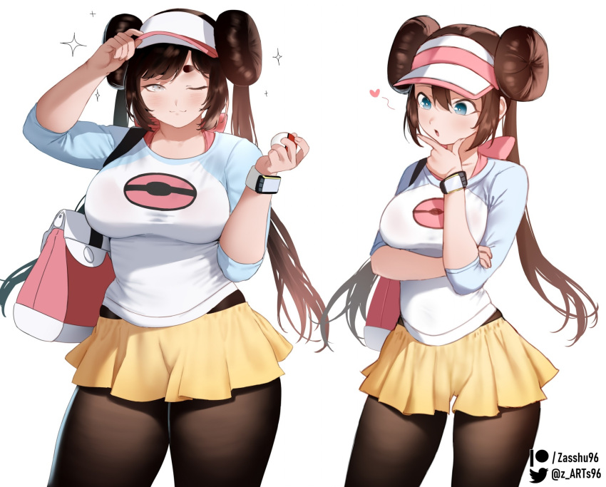 2girls bag black_pantyhose blue_eyes blue_shirt breasts brown_hair contrapposto cosplay cowboy_shot curvy double_bun doughnut_hair_bun english_commentary grey_eyes hair_between_eyes hair_bun hand_on_headwear hand_on_own_chin handbag heart highres holding holding_poke_ball large_breasts long_hair looking_at_another looking_at_viewer multiple_girls original pantyhose pantyhose_under_shorts patreon_username pink_headwear plump poke_ball poke_ball_print pokemon pokemon_(game) pokemon_bw2 raglan_sleeves rosa_(pokemon) rosa_(pokemon)_(cosplay) shirt shorts smile sparkle stroking_own_chin thick_eyebrows twintails twitter_username two-tone_headwear two-tone_shirt very_long_hair visor_cap white_background white_headwear white_shirt yellow_shorts zasshu