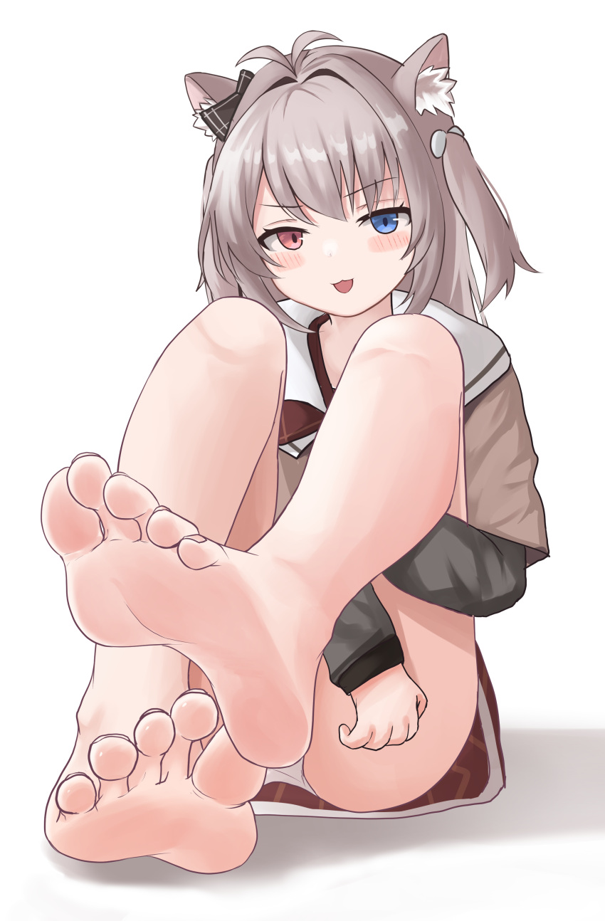 1girl :3 absurdres animal_ear_fluff animal_ears bare_legs barefoot blue_eyes blush brown_hair brown_shirt commission convenient_leg dorsiflexion eyelashes feet foot_focus foot_up foreshortening full_body greek_toe grey_sleeves heterochromia highres hugging_own_legs knees_up legs long_hair long_sleeves looking_at_viewer lts_kakuyo miniskirt on_ground open_mouth original panties pink_eyes red_skirt sailor_collar school_uniform shadow shirt short_sleeves simple_background sitting skeb_commission skirt soles solo toenails toes two_side_up underwear white_background white_panties