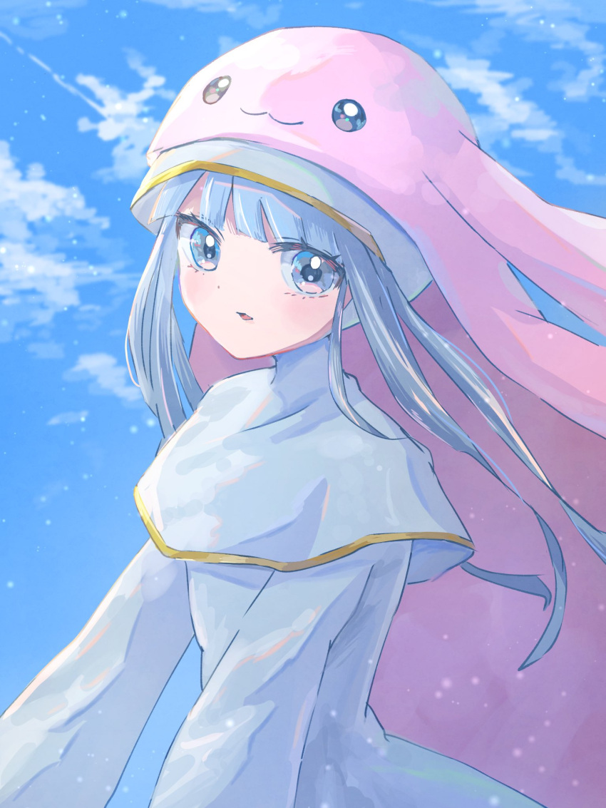 1girl blue_sky day digimon digimon_(creature) grey_eyes hat highres looking_at_viewer nagoshi outdoors rabbit sistermon_blanc sky solo upper_body white_hair