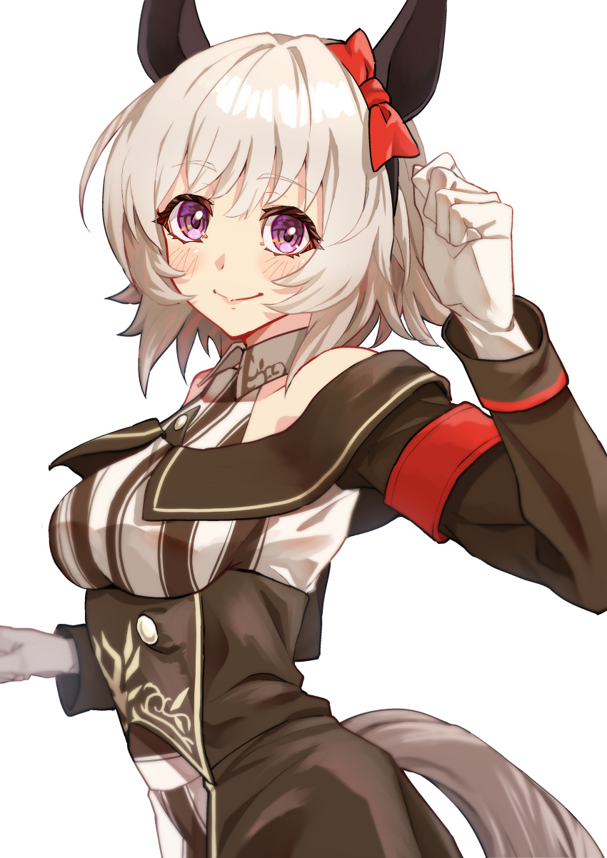 1girl absurdres animal_ears arm_up bare_shoulders black_coat blush breasts closed_mouth coat collared_shirt curren_chan_(umamusume) ear_bow gloves grey_hair hairband highres horse_ears horse_girl horse_tail kento_(kentdrawing) long_sleeves looking_at_viewer off-shoulder_coat off_shoulder purple_eyes shirt short_hair simple_background sleeveless sleeveless_shirt small_breasts smile solo tail umamusume upper_body white_background white_gloves